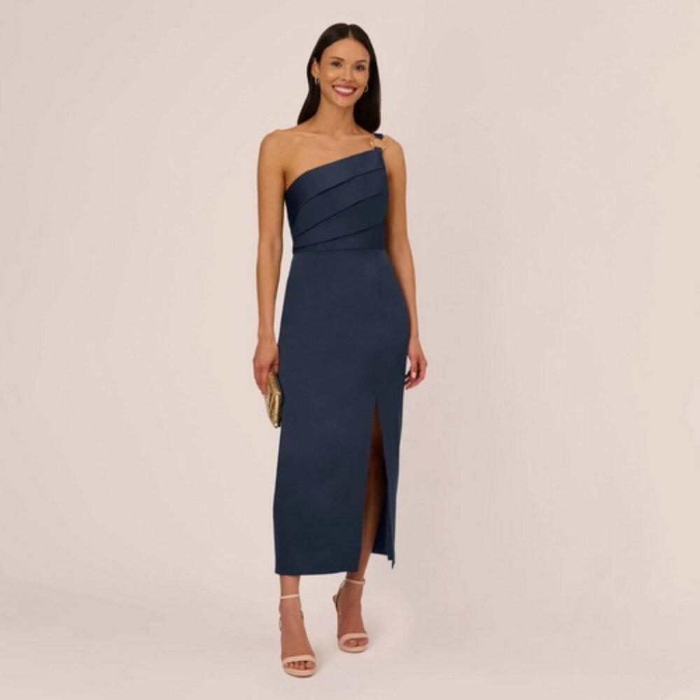 Adrianna Papell Dark Navy Blue Pleat One-Shoulder Cocktail Dress